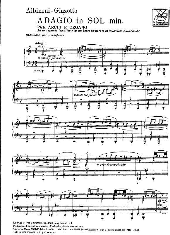 Adagio in sol minore (g minor) - Riduzione Per Pianoforte - pro klavír